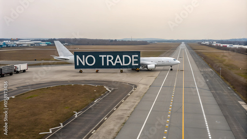 Grounded cargo plane with large NO TRADE sign on runway