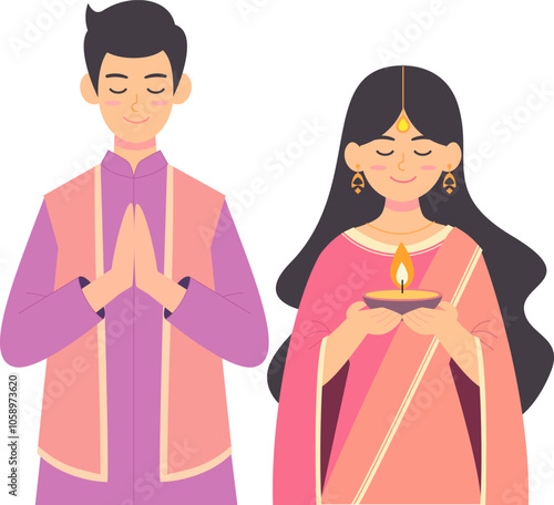 Indian Couple Celebrating Diwali Festival of Lights in Traditional Praying Pose Illustration