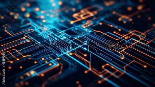 Abstract circuit board background with blue and orange glowing lines, representing digital innovation and technology.
