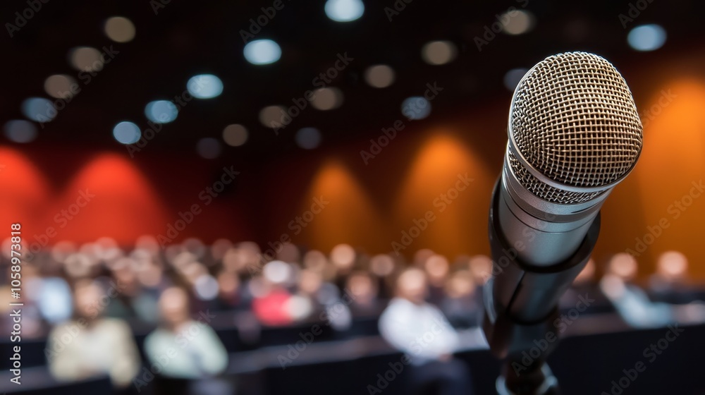 Close-up of a microphone in front of an audience at a conference or seminar. Close-up of a microphone in front of an audience at a conference or seminar.