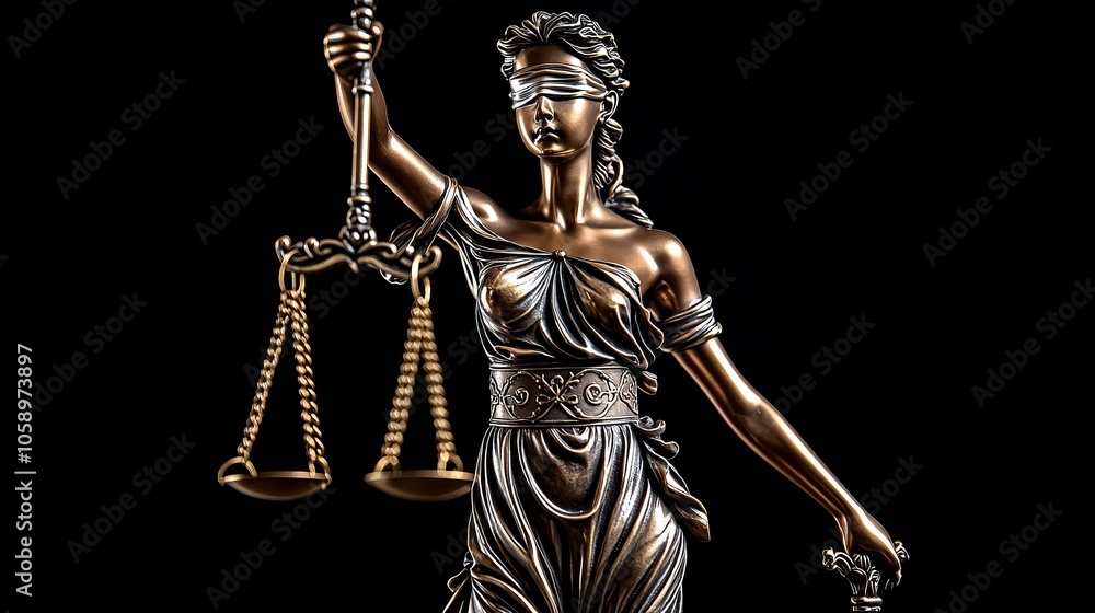 Bronze statue of Lady Justice holding scales, symbolizing fairness and law, isolated on black background. Bronze statue of Lady Justice holding scales, symbolizing fairness and law, isolated on black background.