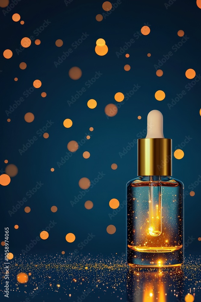 A stunning golden oil dropper bottle glows against a dark background, surrounded by bokeh lights. Perfect for beauty and wellness concepts. A stunning golden oil dropper bottle glows against a dark background, surrounded by bokeh lights. Perfect for beauty and wellness concepts.