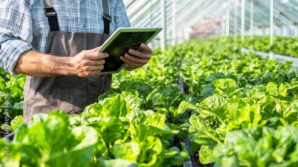 Farmer using tablet in a greenhouse surrounded by fresh green lettuce plants. Farmer using tablet in a greenhouse surrounded by fresh green lettuce plants.