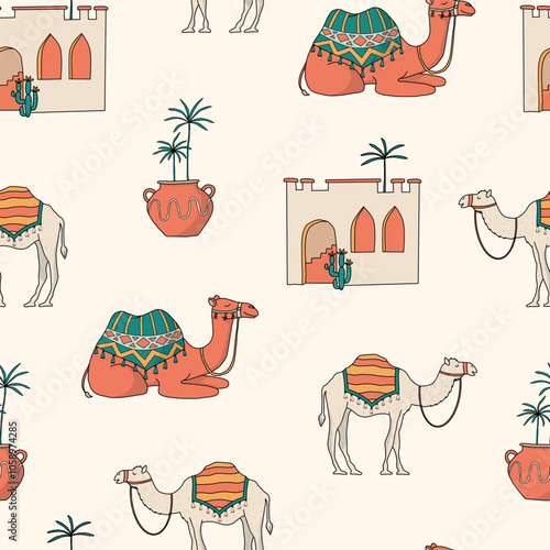Arabian desert, oasis, middle east travel seamless pattern with doodles of camles, terracotta vases and buildings. Islamic wallpaper, wrapping paper, print. EPS 10