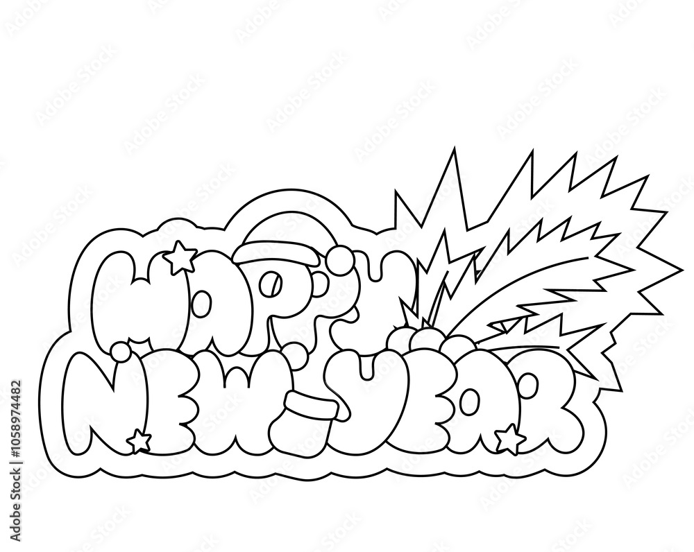 Obraz premium Christmas bubble Lettering of the phrase Happy New Year in black and white