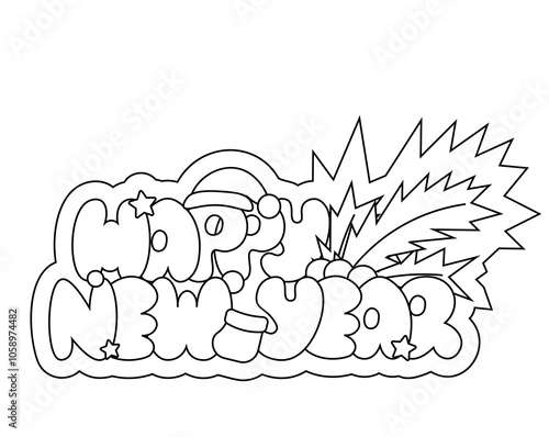 Christmas bubble Lettering of the phrase Happy New Year in black and white