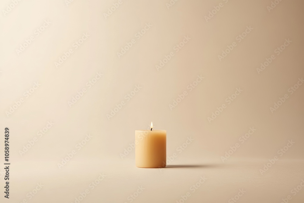 A Single Lit Candle on a Light Beige Background A Single Lit Candle on a Light Beige Background