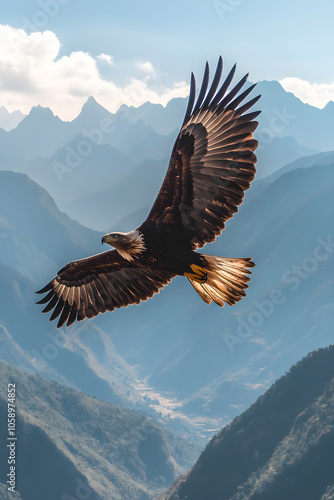 Majestic Eagle Soaring Above Mountain Peaks Under a Vast Blue Sky, Embracing the Essence of Freedom and Exploration