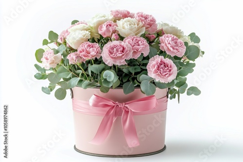 Beautiful arrangement of pink and white roses with eucalyptus in a metal container for decoration