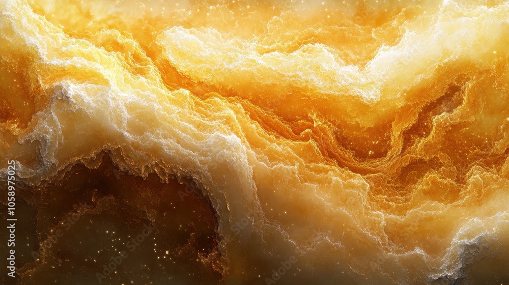 Obraz premium Golden swirls dance through a celestial landscape, capturing the essence of warmth and mystery in the depths of an abstract cosmos