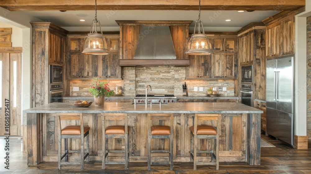 Rustic kitchen design featuring natural wood elements and modern appliances, perfect for family gatherings and culinary creativity Rustic kitchen design featuring natural wood elements and modern appliances, perfect for family gatherings and culinary creativity