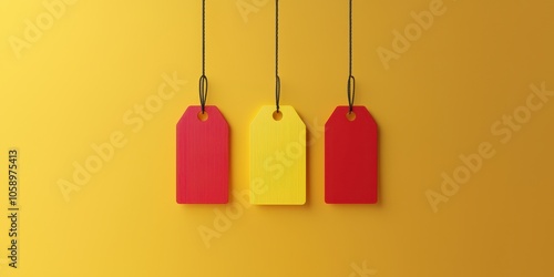 Three colorful price tags hang against a vibrant yellow background, showcasing a striking contrast in red and yellow hues.