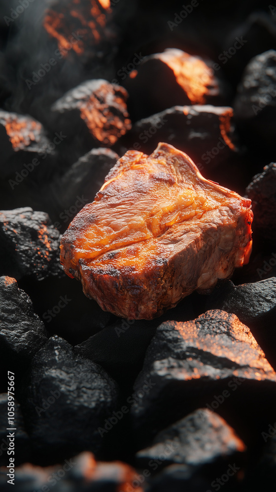 A piece of grilled steak rests on the coals. A piece of juicy meat. Grill. Barbecue. A piece of grilled steak rests on the coals. A piece of juicy meat. Grill. Barbecue.