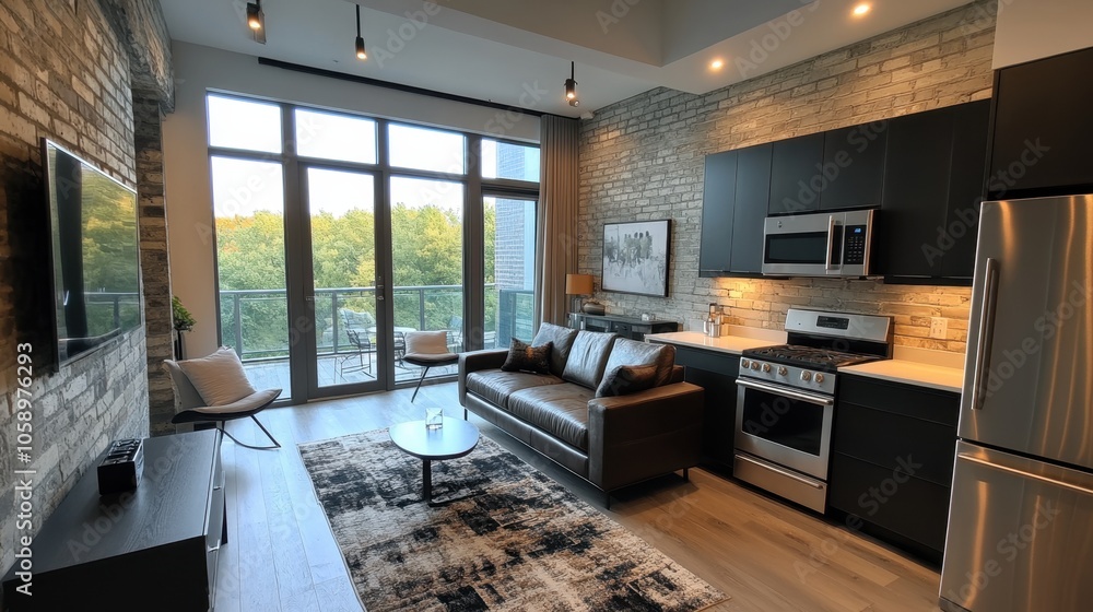 Modern urban living room with large windows and elegant decor overlooking lush greenery in bright daylight Modern urban living room with large windows and elegant decor overlooking lush greenery in bright daylight