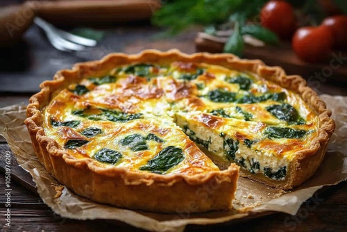 A delicious homemade quiche with spinach and cheese on a wooden kitchen countertop in the evening