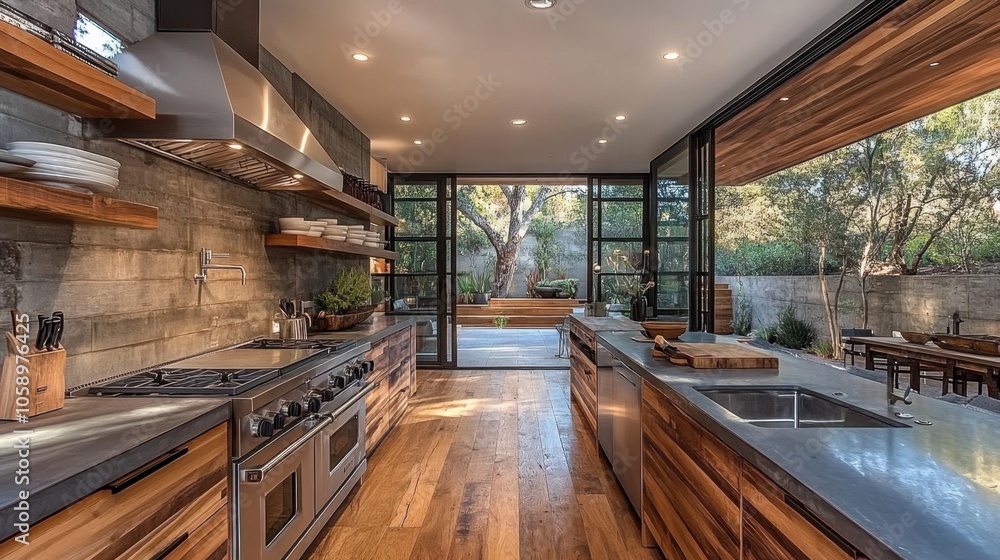 A modern kitchen with sleek wooden accents and large windows showcasing a tranquil outdoor space in a serene setting A modern kitchen with sleek wooden accents and large windows showcasing a tranquil outdoor space in a serene setting