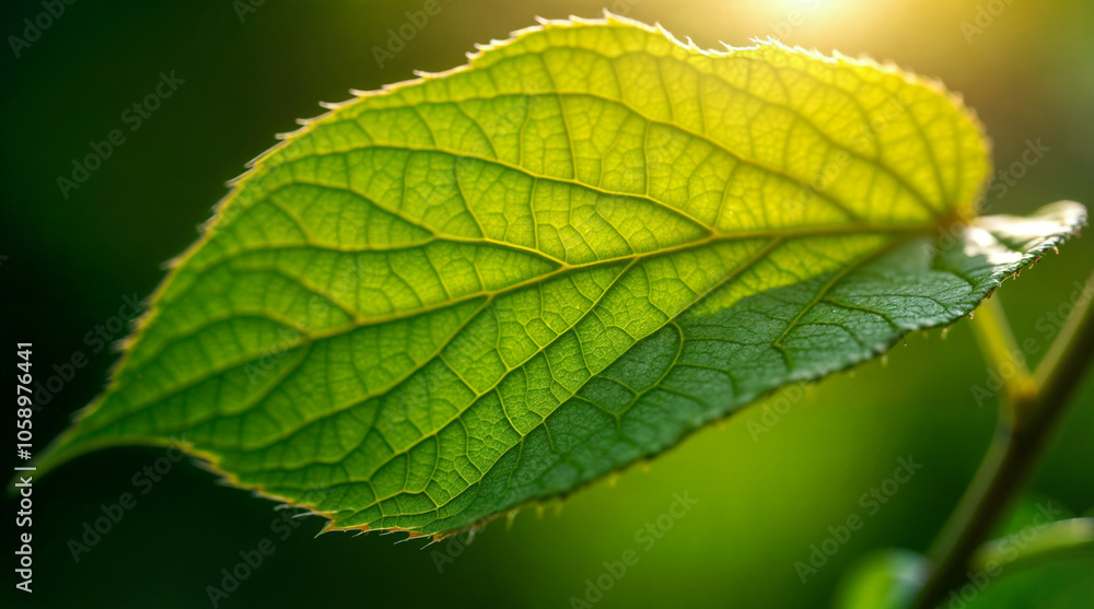 Close-Up of Sunlit Green Leaf Showing Intricate Veins and Texture in a Natural Setting Close-Up of Sunlit Green Leaf Showing Intricate Veins and Texture in a Natural Setting