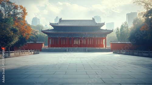 Traditional Chinese Architecture with Platform, Road, and Parking Area on Brick Surface for Automotive Advertisement Featuring Blank Background photo