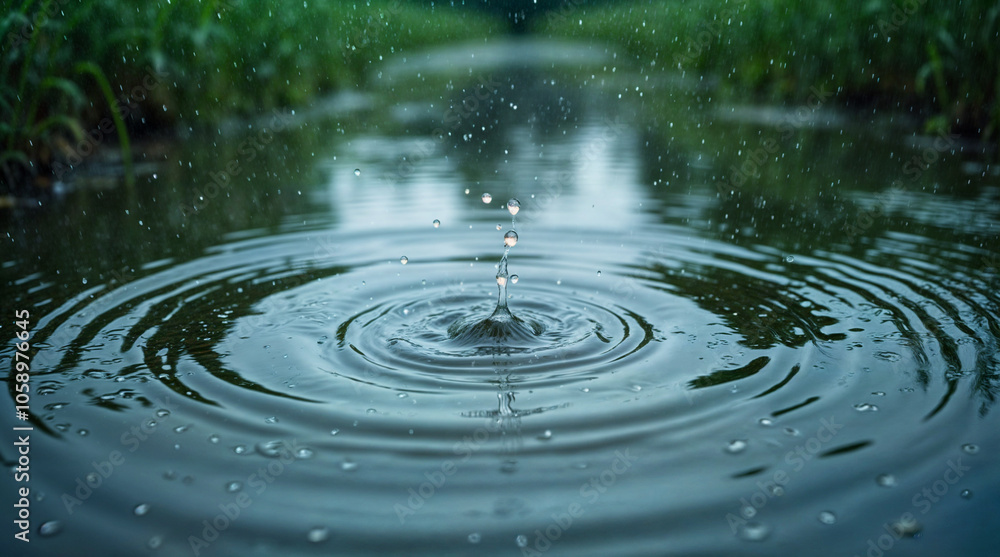 Close-Up of Raindrop Splash Creating Ripples in a Calm Pond, Capturing the Beauty and Serenity of Water in Motion Close-Up of Raindrop Splash Creating Ripples in a Calm Pond, Capturing the Beauty and Serenity of Water in Motion