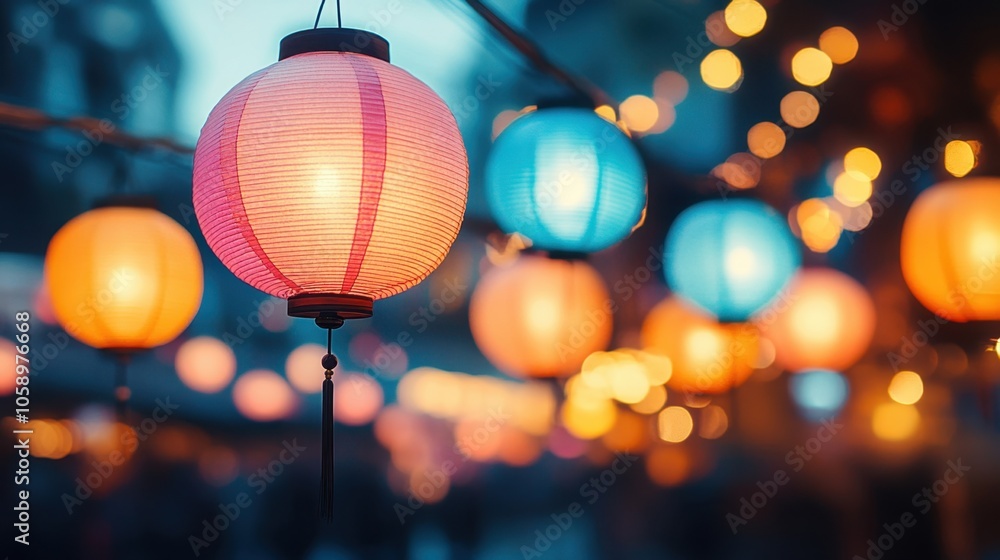 Vibrant lanterns illuminate a lively outdoor market at dusk, creating a magical atmosphere filled with warmth and color Vibrant lanterns illuminate a lively outdoor market at dusk, creating a magical atmosphere filled with warmth and color