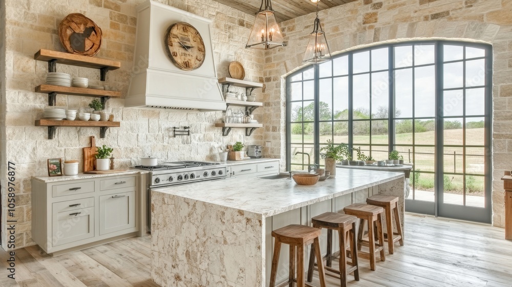 Modern farmhouse kitchen with a spacious island and panoramic windows on a sunny afternoon Modern farmhouse kitchen with a spacious island and panoramic windows on a sunny afternoon