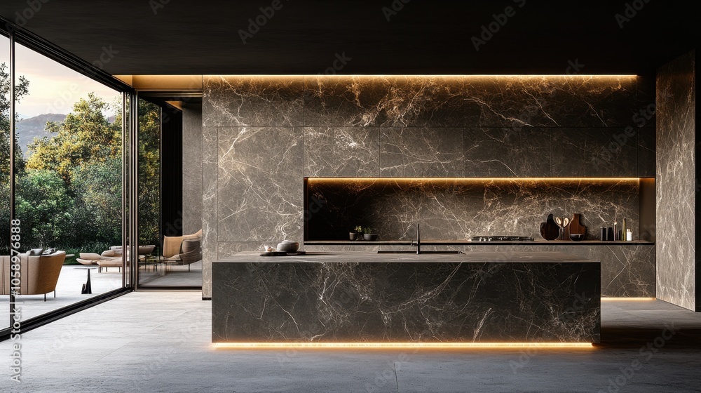 Modern kitchen design with sleek marble surfaces and warm lighting highlighting a serene outdoor view in a contemporary home Modern kitchen design with sleek marble surfaces and warm lighting highlighting a serene outdoor view in a contemporary home