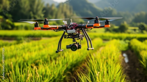 Aerial view of a drone equipped with GPS and sensors flying over a lush rice field, showcasing the integration of smart technology in modern farming practices