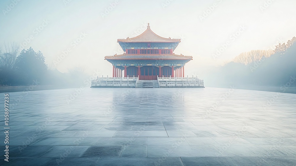 Traditional Chinese Architecture with Platform, Road, and Parking Area on Brick Surface for Automotive Advertisement Featuring Blank Background Traditional Chinese Architecture with Platform, Road, and Parking Area on Brick Surface for Automotive Advertisement Featuring Blank Background