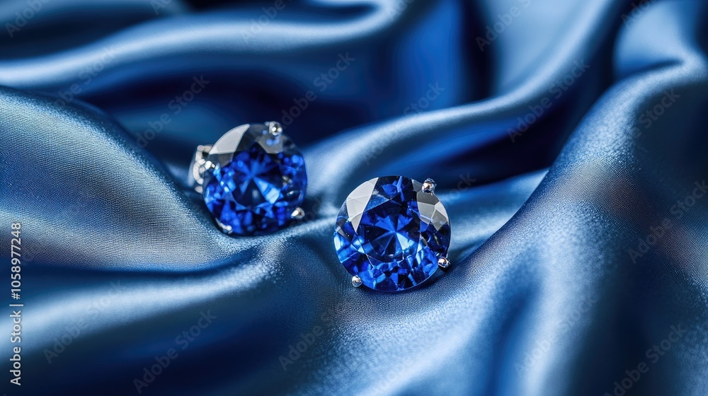 Elegant platinum sapphire earrings lie on blue satin fabric, the rich color and fine details exuding luxury. Elegant platinum sapphire earrings lie on blue satin fabric, the rich color and fine details exuding luxury.