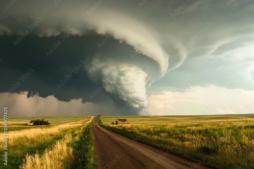 A tornado develops ominously above a flat terrain, with dark storm clouds swirling in the sky, while a dirt road stretches towards the distant horizon under a dramatic atmosphere A tornado develops ominously above a flat terrain, with dark storm clouds swirling in the sky, while a dirt road stretches towards the distant horizon under a dramatic atmosphere