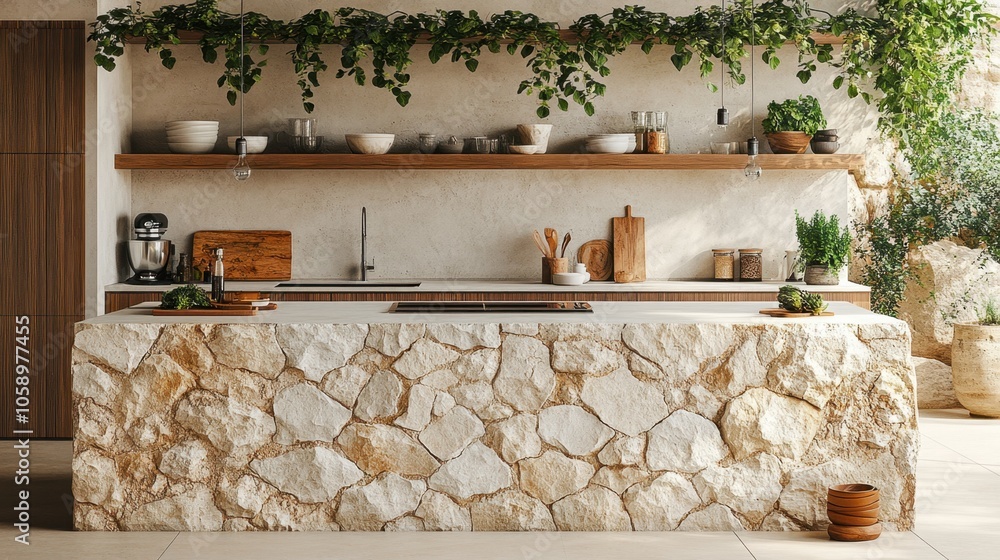 A serene kitchen adorned with natural stone and greenery, blending rustic charm with modern aesthetics in a sunlit setting A serene kitchen adorned with natural stone and greenery, blending rustic charm with modern aesthetics in a sunlit setting
