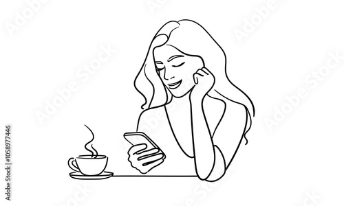 Girl holding phone and drinking coffee continuous line art drawing isolated on white background. Lady line art. Vector illustration