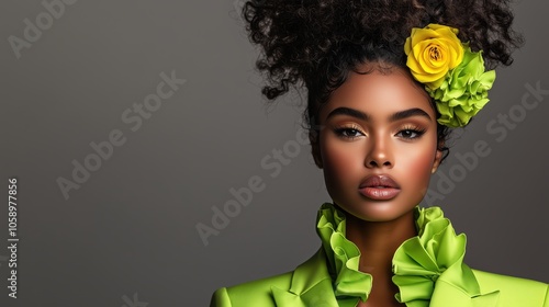 A confident Black woman in a green ruffled suit dress poses elegantly for a fashion shoot