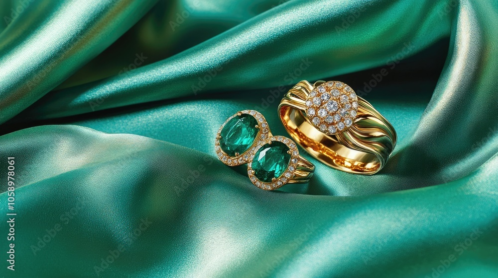 Golden ring and matching earrings with vivid green emeralds and diamonds resting on lush green satin fabric, reflecting elegance.