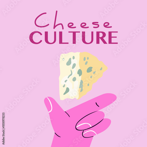 Curd product for design, recipe book, advertising, cheese shop or poster for kitchen. Cheese culture pink vintage poster. Various types of cheese, brie cheese, dorblu, cheddar, parmesan, camembert