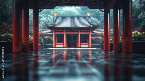 Traditional Chinese Architecture with Platform, Road, and Parking Area on Brick Surface for Automotive Advertisement Featuring Blank Background photo