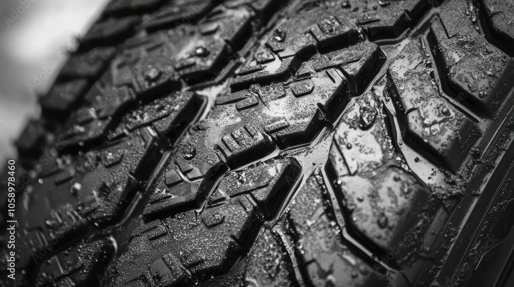 Ice tire in a close-up, showing deep treads designed to provide maximum traction on slippery, frozen roads. Ice tire in a close-up, showing deep treads designed to provide maximum traction on slippery, frozen roads.