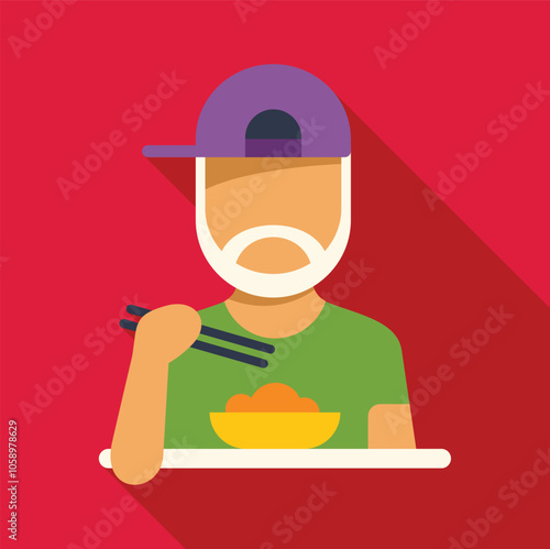 Bearded man enjoying a bowl of noodles using chopsticks, showcasing asian culinary traditions