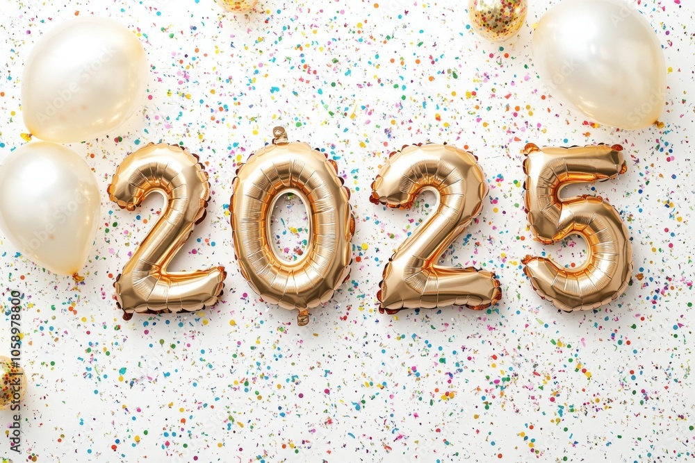 Festive 2025 celebration with gold balloons and colorful confetti on white background Festive 2025 celebration with gold balloons and colorful confetti on white background