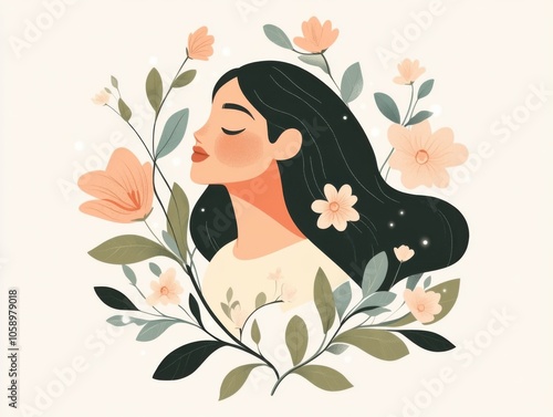 Nature-inspired portrait of a woman with flowers and leaves in minimalist art style