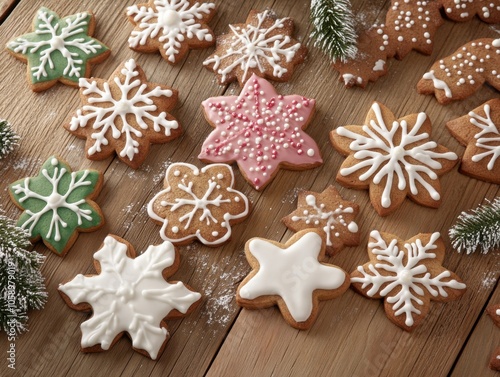 Festive assortment of decorated gingerbread cookies on rustic wooden table