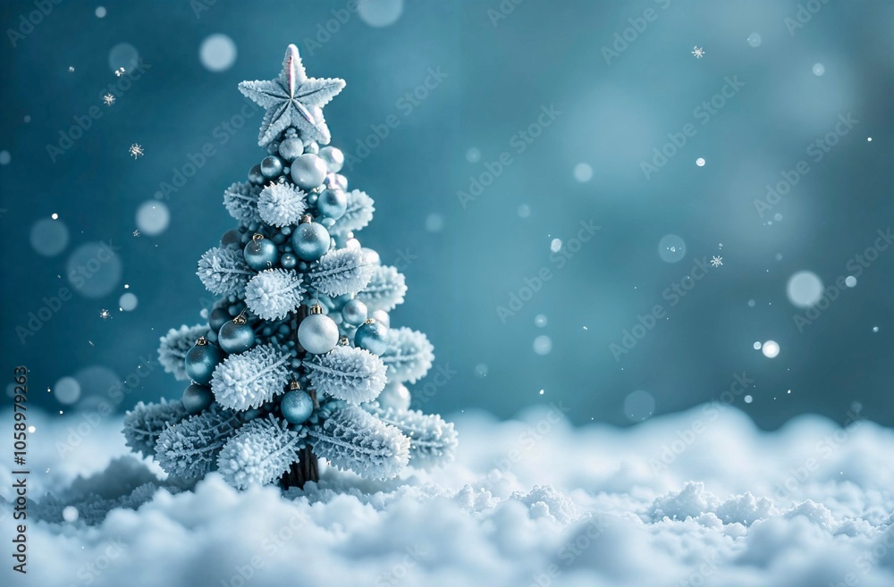 A silver beautiful Christmas tree with white and blue toys stands on white shiny snow, there are many snowflakes around A silver beautiful Christmas tree with white and blue toys stands on white shiny snow, there are many snowflakes around