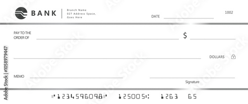 Blank bank check, checkbook cheque template with blue guilloche, vector mockup. Money payment bank check voucher or pay cash cheque certificate, account bill paycheck	