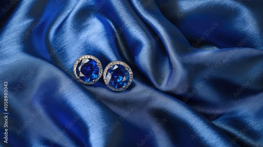 Platinum sapphire earrings resting on silky blue satin fabric, their brilliance enhanced by the rich background. Platinum sapphire earrings resting on silky blue satin fabric, their brilliance enhanced by the rich background.