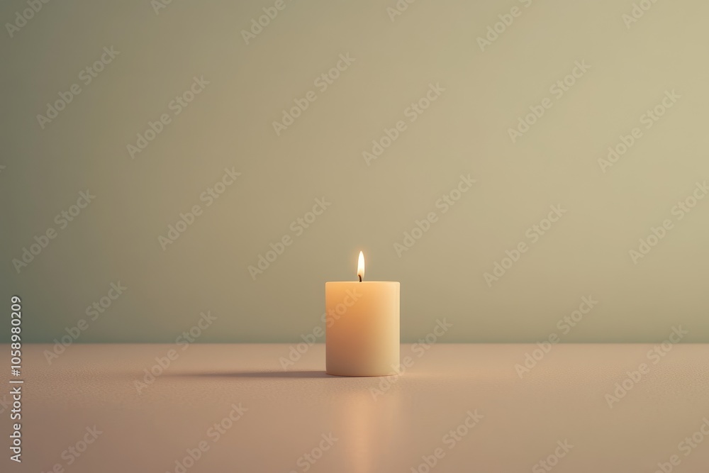 A Single Lit Candle on a Beige Surface Against a Green Background A Single Lit Candle on a Beige Surface Against a Green Background