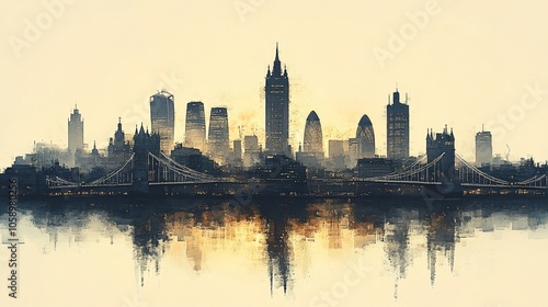 A stylized city skyline reflecting on water, showcasing modern architecture and urban life.