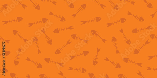 Seamless pattern of fish bones skeleton. Fish bone motif silhouette vector illustration on a orange background