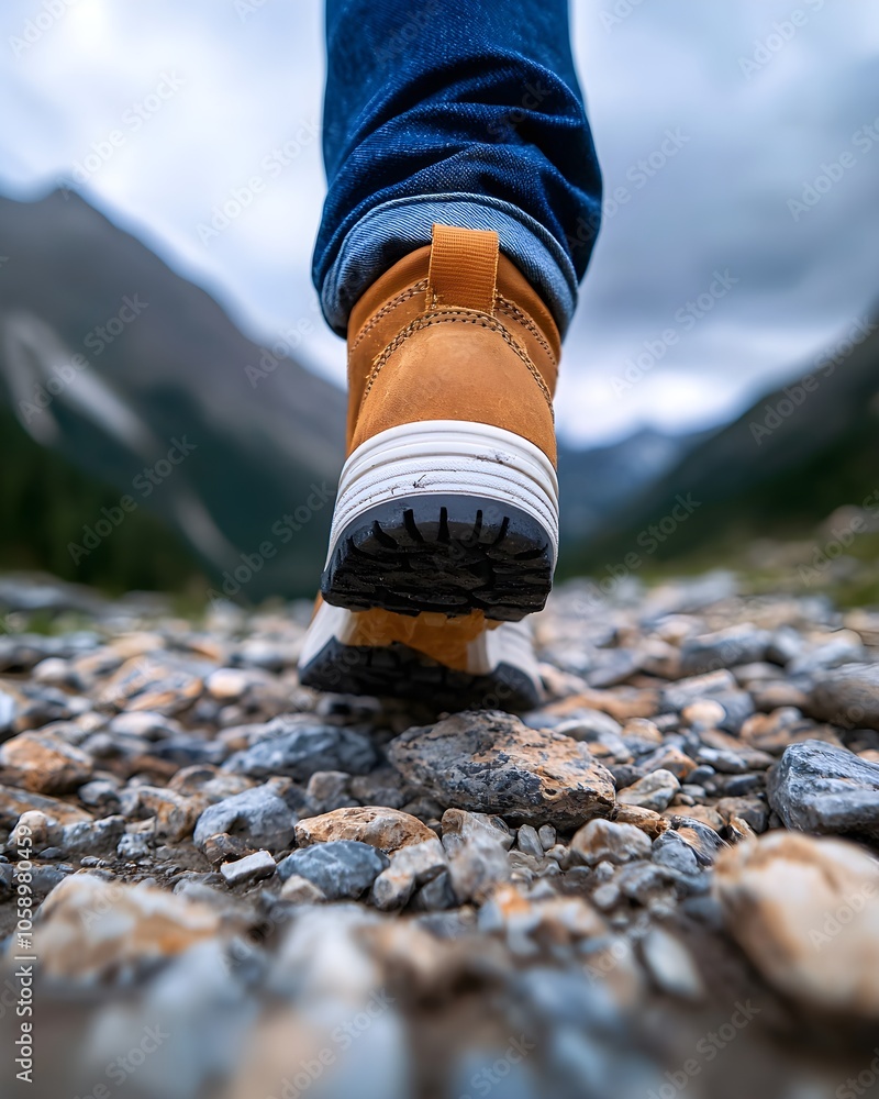 Close-up of hiking boot on rocky trail in mountainous landscape Close-up of hiking boot on rocky trail in mountainous landscape