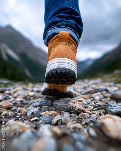 Close-up of hiking boot on rocky trail in mountainous landscape