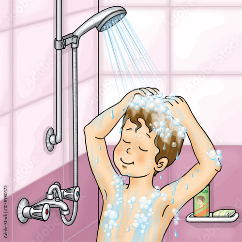 A child washing in the bathroom. A little boy taking a shower.